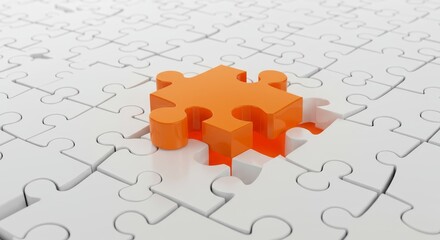 Orange Puzzle Piece Solution - Teamwork, problem-solving, collaboration, connection, and success are symbolized by an orange puzzle piece fitting into a white puzzle