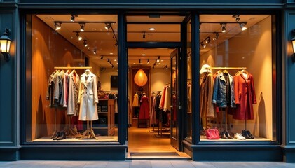 Elegant boutique window display featuring seasonal attire, spring, shop, glass