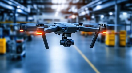 Drone flight in industrial factory setting aerial view high tech equipment manufacturing automation