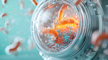 A vibrant microscopic view of biological interactions within a futuristic containment unit ideal for illustrating scientific research and innovative biotechnological advancements