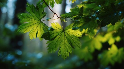 Green leaves shine in a sunlit forest canopy