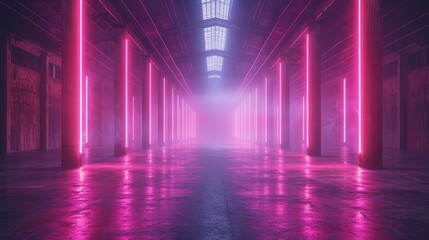 Naklejka premium Neon Lights in Warehouse Creating Futuristic Vibe with Shiny Floor