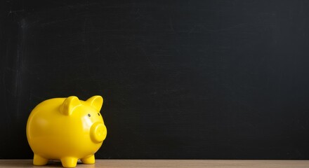 Piggy Bank and Chalkboard Savings - A yellow piggy bank sits before a blank chalkboard, symbolizing financial planning, education, budgeting, savings, and future goals