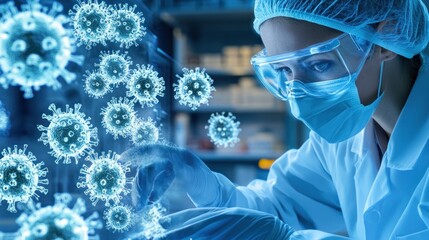 Scientist examining digital virus model in laboratory setting