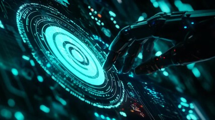 Futuristic robotic arm interacts with a digital interface, highlighting AI interaction - Powered by Adobe