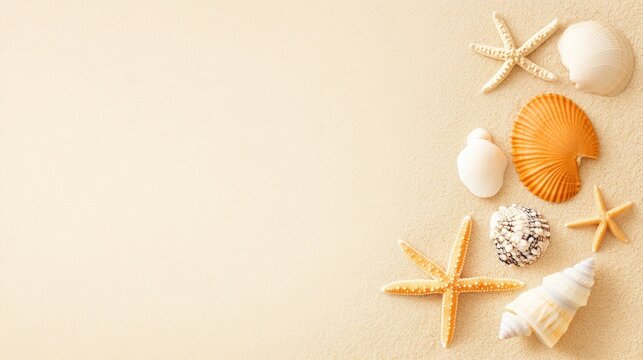 Seashells and starfish on sandy beach background summer vacation holiday theme