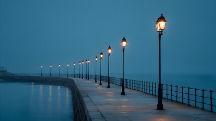 Luminous Street Light Silhouetted on Coastal Horizon &ndash; Immersive Ocean Visual for Digital Wellness and Metaverse Branding