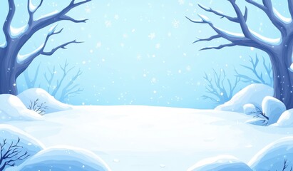 Winter wonderland scene with snow-covered trees and ground.  Soft light, gentle snowfall