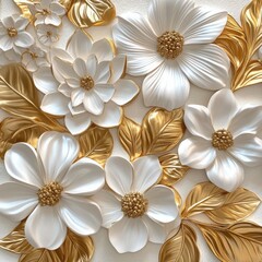 Elegant white flowers with golden leaves on a white background art