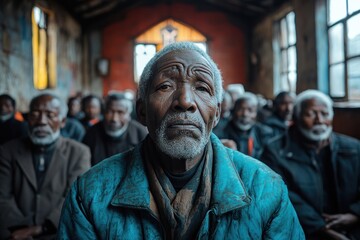 Obraz premium Inner peace in poverty: Elderly churchgoers in tough neighborhood