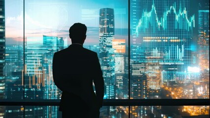 Silhouette of a businessman looking at city skyline with financial data overlays - Powered by Adobe