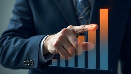 Businessman touching virtual bar chart, financial growth concept, data analytics and investment strategy. Increase in sales, revenue, success. Modern digital finance and business visualization