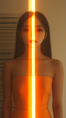 Woman in Orange Dress Illuminated by Vertical Light Beam