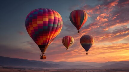 Fototapeta premium Hot air balloons float above the mountain range sunset