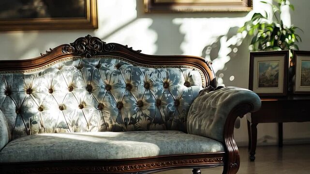 Ornate sofa in sunlit antique room.
