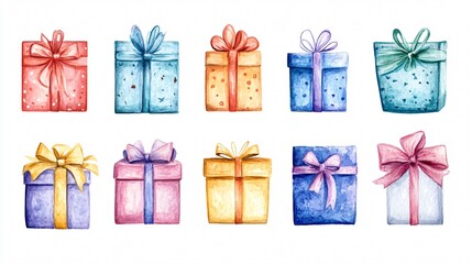 Elegant Watercolor Illustration Set of Closed Colorful Gifts