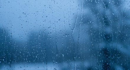 Raindrops of aqua liquid texture streak down the wet glass window, an abstract view of the rainy weather outside
