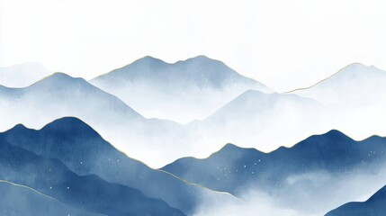 Blue mountain and golden line arts background vector. Oriental Luxury landscape background design with watercolor brush and gold line texture. Wallpaper design, Wall art for home decor and prints. il