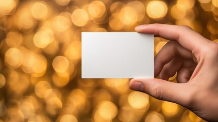 Obraz premium Blank white card in hand golden bokeh background business mockup