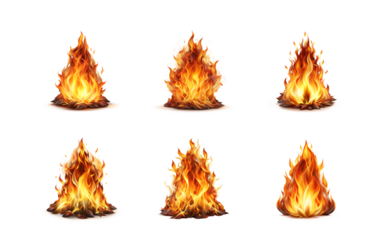 A set of fire flames on transparent background