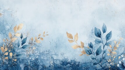 Winter background vector. Hand painted watercolor and gold brush texture, Flower and botanical leaves hand drawing. Abstract art design for wallpaper, wall arts, cover, wedding and. invite card. illu