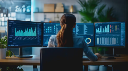 Une personne examine des graphiques et des données sur plusieurs écrans dans un bureau contemporain, entourée de plantes vertes, de nuit. L'ambiance est technologique et studieuse.