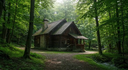 Secluded Forest Cabin Retreat - A charming rustic log cabin nestled amidst lush green forest foliage, offering a tranquil escape