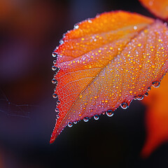 A macro shot showcases an autumn leaf glistening with dew drops, displaying intricate details beautifully.