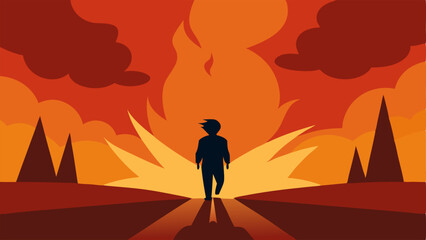 Epic Departure A silhouetted character walks away from a stylized explosion that erupts in vivid colors with exaggerated flames and smoke billowing upwards. The background is a