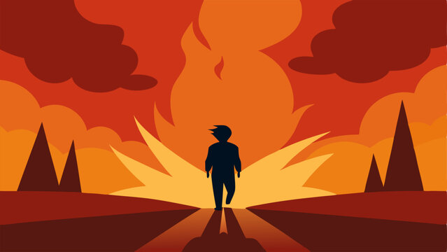 Epic Departure A silhouetted character walks away from a stylized explosion that erupts in vivid colors with exaggerated flames and smoke billowing upwards. The background is a