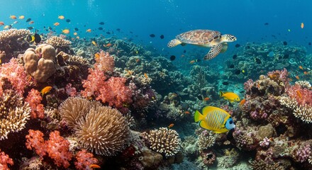 Fototapeta premium Underwater scene featuring a sea turtle swimming above a vibrant coral reef with colorful fish around