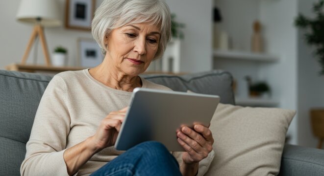 Senior Woman Using Tablet on Sofa - An elderly woman sits comfortably on a gray couch, attentively using a tablet. She is relaxed and focused on the device