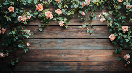 Fototapeta premium Peach roses with green leaves adorn a rustic wooden surface. A delicate and natural arrangement.