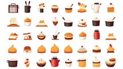 Professional baking related icon set isolated in flat vector illustration for versatile design projects