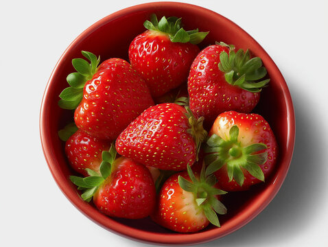 Fresh strawberries in a ceramic bowl, overhead view, isolated on transparent background

