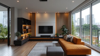 Modern apartment living room with city view (3)