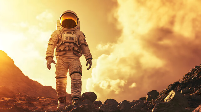 Un astronaute avance sur un terrain rocheux, baign&eacute; dans une lumi&egrave;re dor&eacute;e, tandis que des nuages s'&eacute;paississent derri&egrave;re lui dans un environnement autre que la Terre.