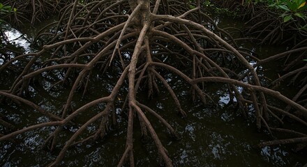 Aerial roots of a mangrove tree extending into the water creating a complex network of branches