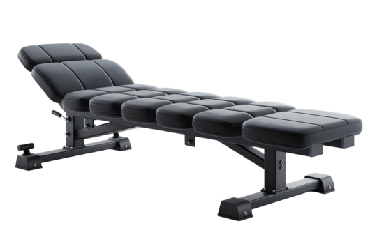Adjustable gym bench with workout equipment.