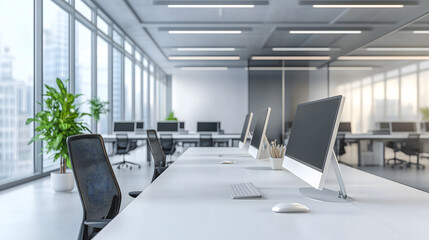 Un bureau contemporain montré avec des postes de travail équipés d'ordinateurs. Les grandes fenêtres laissent entrer la lumière naturelle, créant une atmosphère agréable pour le travail.