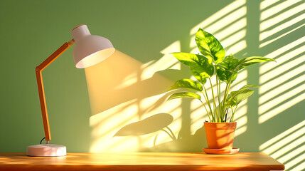 Wooden Desk with Lamp and Houseplant in Sunlight