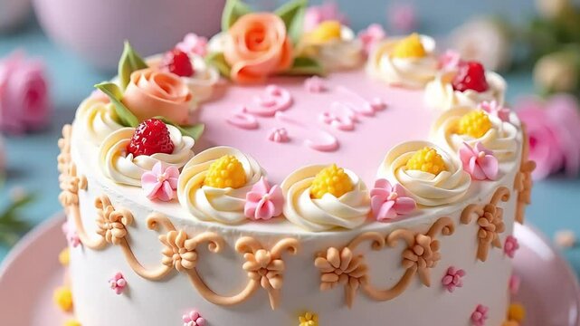 Celebrate with a beautiful cake: pink frosted cake with floral decorations image asset