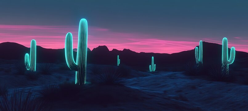 A neon desert where glowing holographic cacti change shape over time 