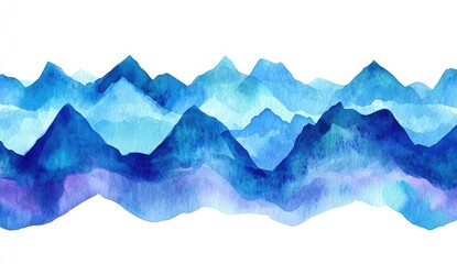 Watercolor mountain range. Layers of vibrant blue mountains in various shades, softly blending, creating a misty, atmospheric landscape