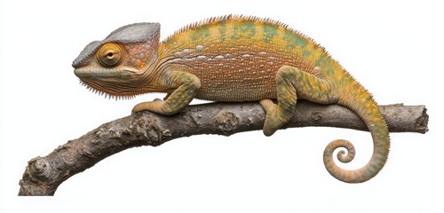 Obraz premium Vibrant Chameleon Relaxing on a Branch with Colorful Scales and Unique Features in a Natural Environment