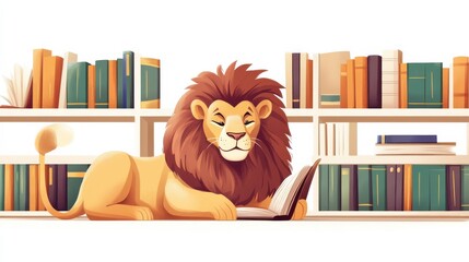 Illustration of a lion in the library with an empty callout on a white background illustration , no logos, no brands