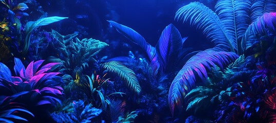 Obraz premium A neon jungle where bioluminescent AI-controlled plants glow with electric energy
