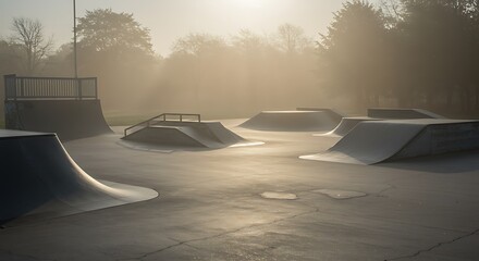 Skate park shrouded in fog, bathed in soft morning light.