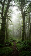 Fototapeta premium A path through a dense forest with tall mossy trees and a misty atmosphere leading to a bright opening