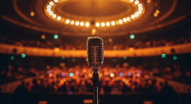 Stage Microphone and Audience - A vintage microphone stands center stage in front of a blurred audience, ready for a performance